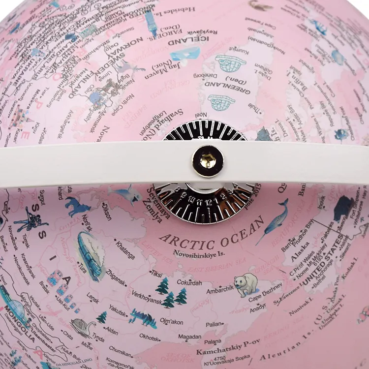 22.8cm (9") Illuminated Full-Swing Pink Color World Globe with Wooden Base & Aluminum Meridian detail view 4